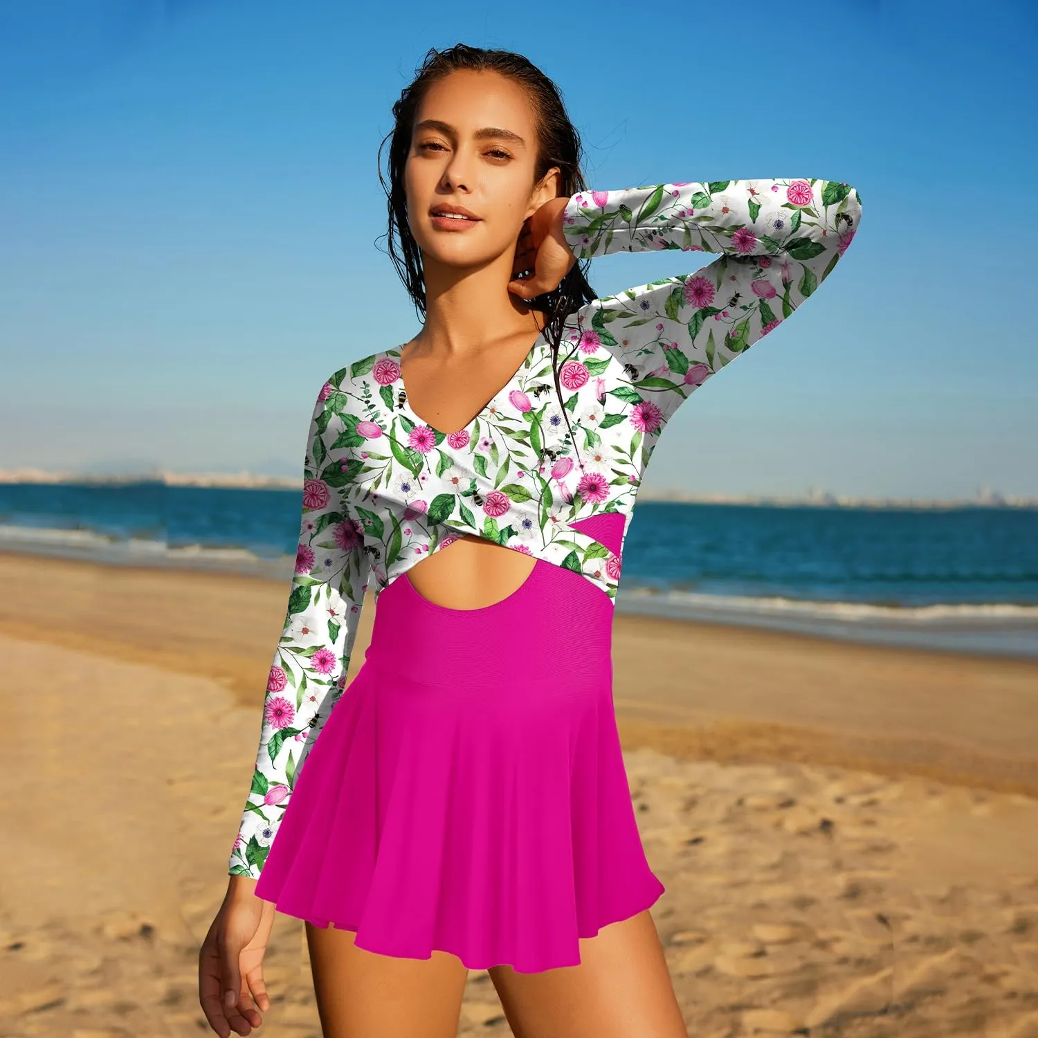 NESY Long Sleeve Swimsuits for Women Rash Guard V Neck One Piece Bathing Suit Swim Dress Woman Swimwear Swimdress UPF 50 