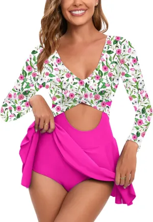 NESY Long Sleeve Swimsuits for Women Rash Guard V Neck One Piece Bathing Suit Swim Dress Woman Swimwear Swimdress UPF 50 