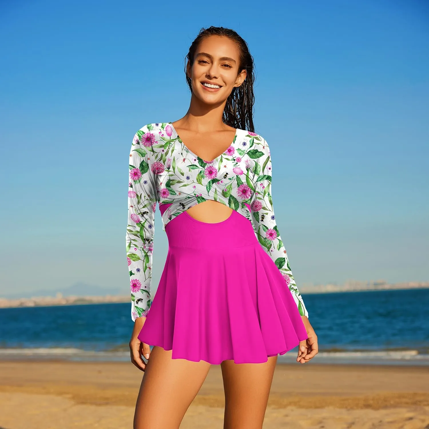 NESY Long Sleeve Swimsuits for Women Rash Guard V Neck One Piece Bathing Suit Swim Dress Woman Swimwear Swimdress UPF 50 