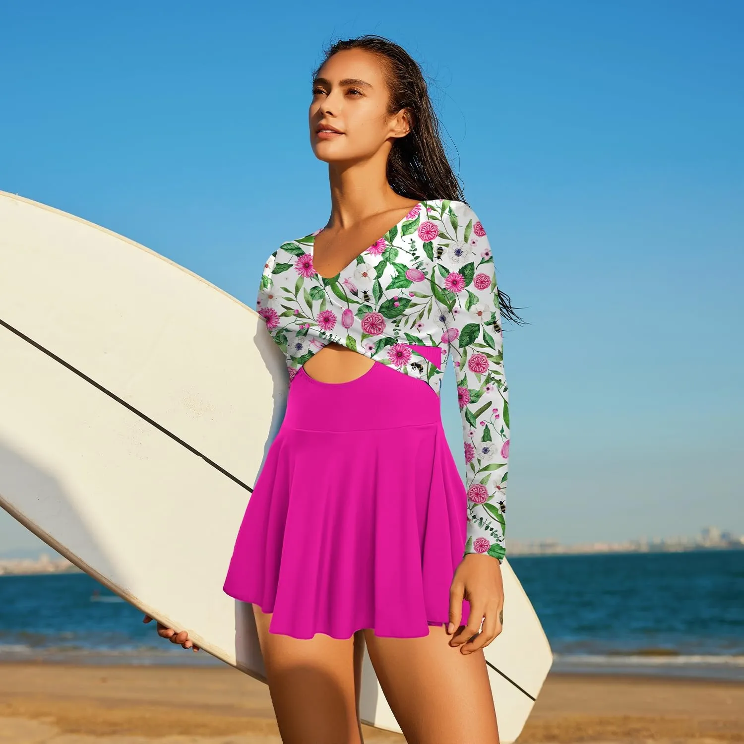 NESY Long Sleeve Swimsuits for Women Rash Guard V Neck One Piece Bathing Suit Swim Dress Woman Swimwear Swimdress UPF 50 