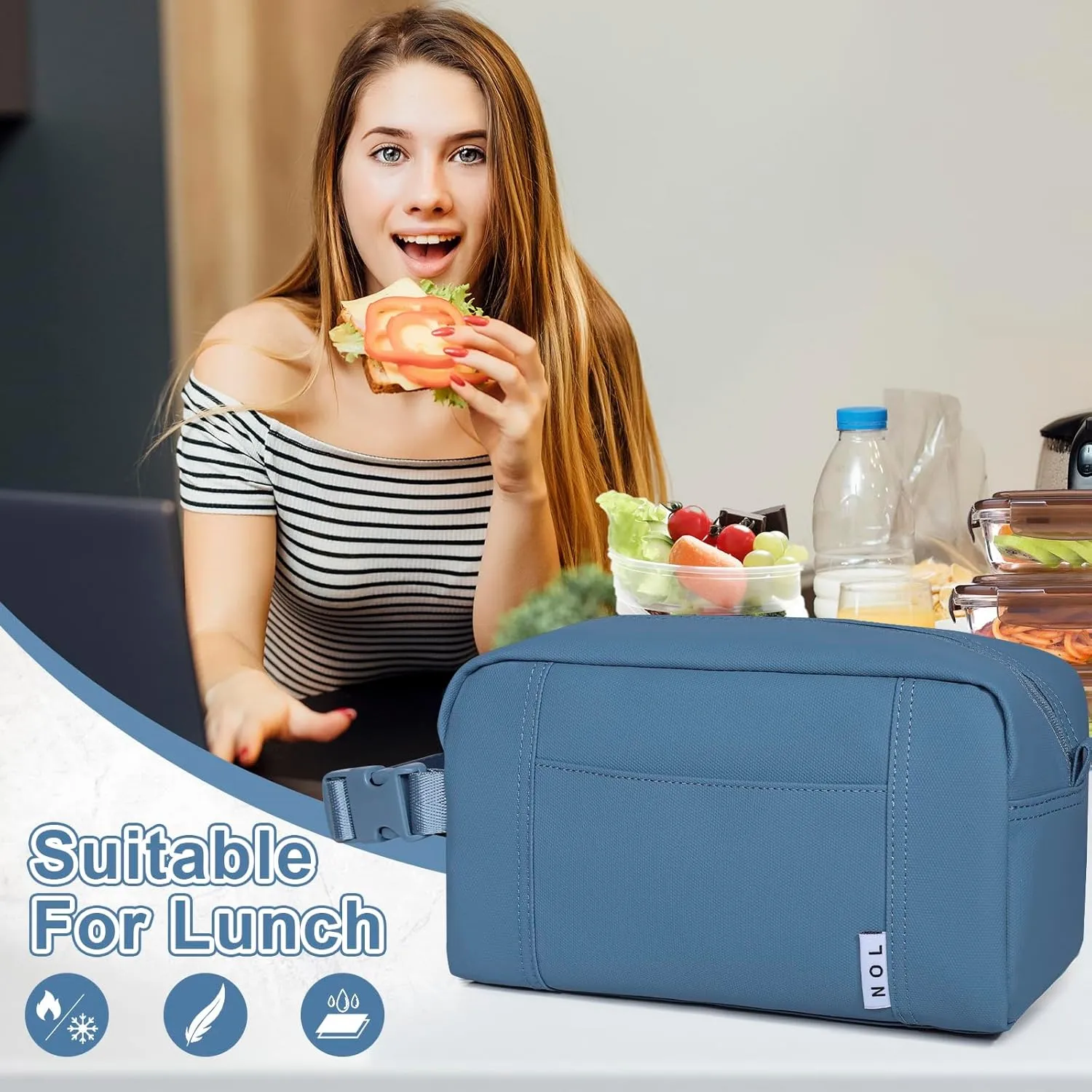 NOL Natural Organic Lifestyle Freezable Snack Bag, Leakproof Cooler Lunch Bag, Reusable, Zip Closure with Buckle Handle Nylon Waterproof Snack Box for Work Travel-Dusty blue