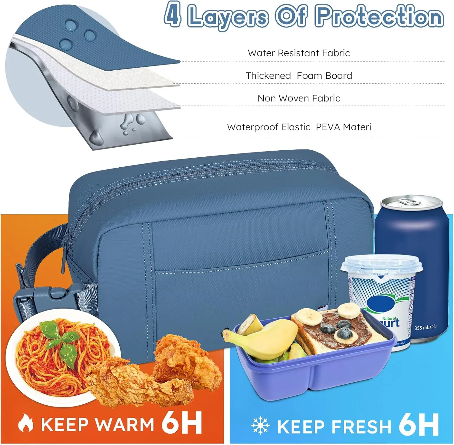 NOL Natural Organic Lifestyle Freezable Snack Bag, Leakproof Cooler Lunch Bag, Reusable, Zip Closure with Buckle Handle Nylon Waterproof Snack Box for Work Travel-Dusty blue
