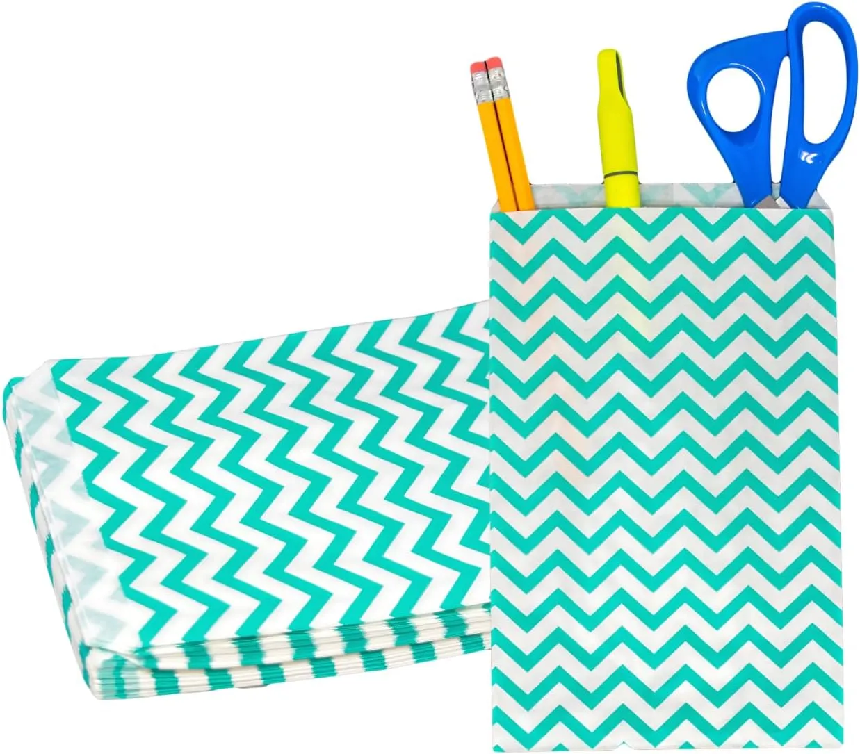 Novel Box 100 Pack Teal Chevron Print Flat Merchandise Bags 6x9 Inches - Stylish Bag for Birthday Gifts - Bulk Paper Storage Bags for Goody, Shopping, Wedding Anniversary & Special Occasions