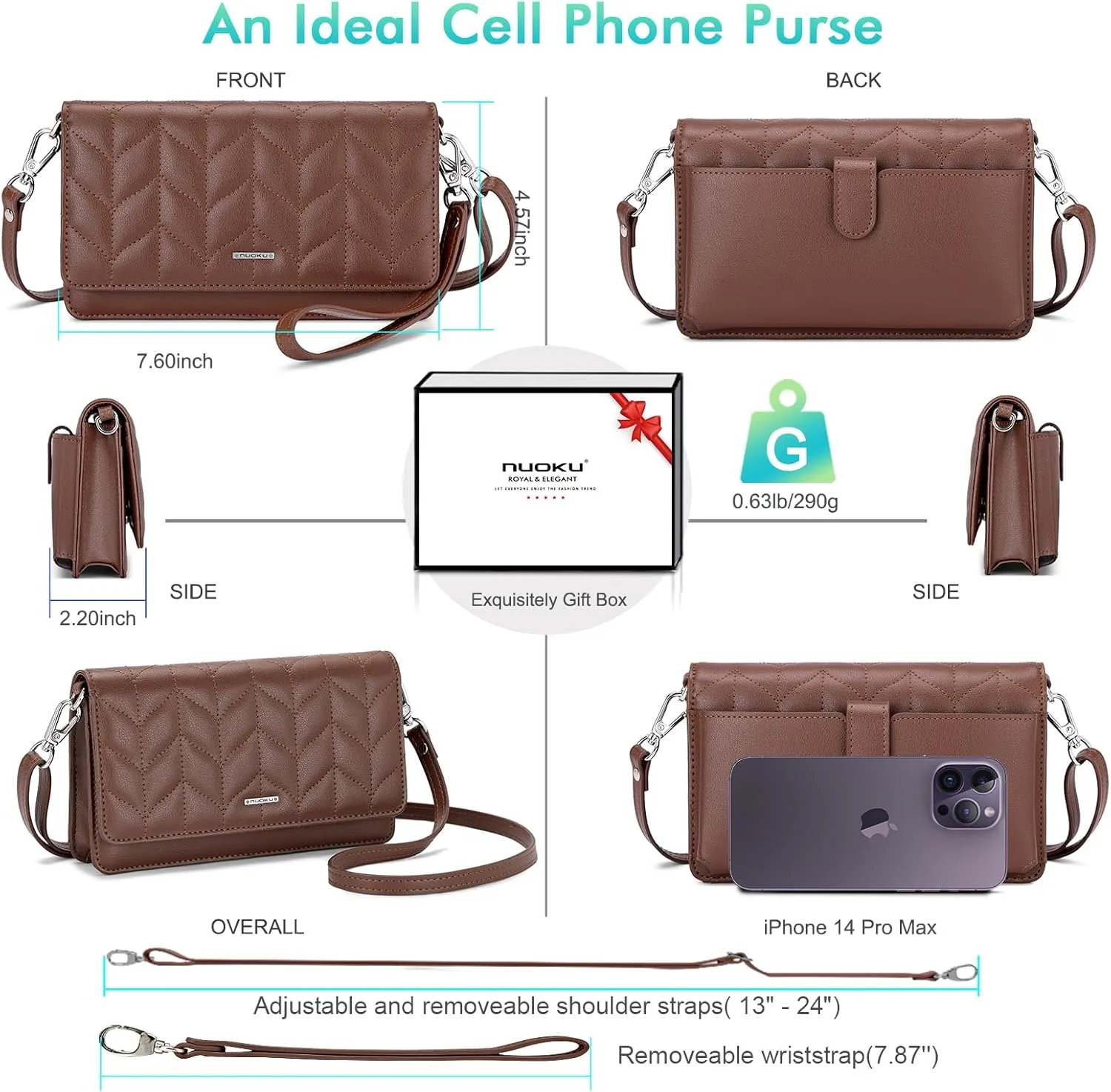 nuoku Women Small Crossbody Bag Cellphone Purse Wallet with RFID Card Slots 2 Straps