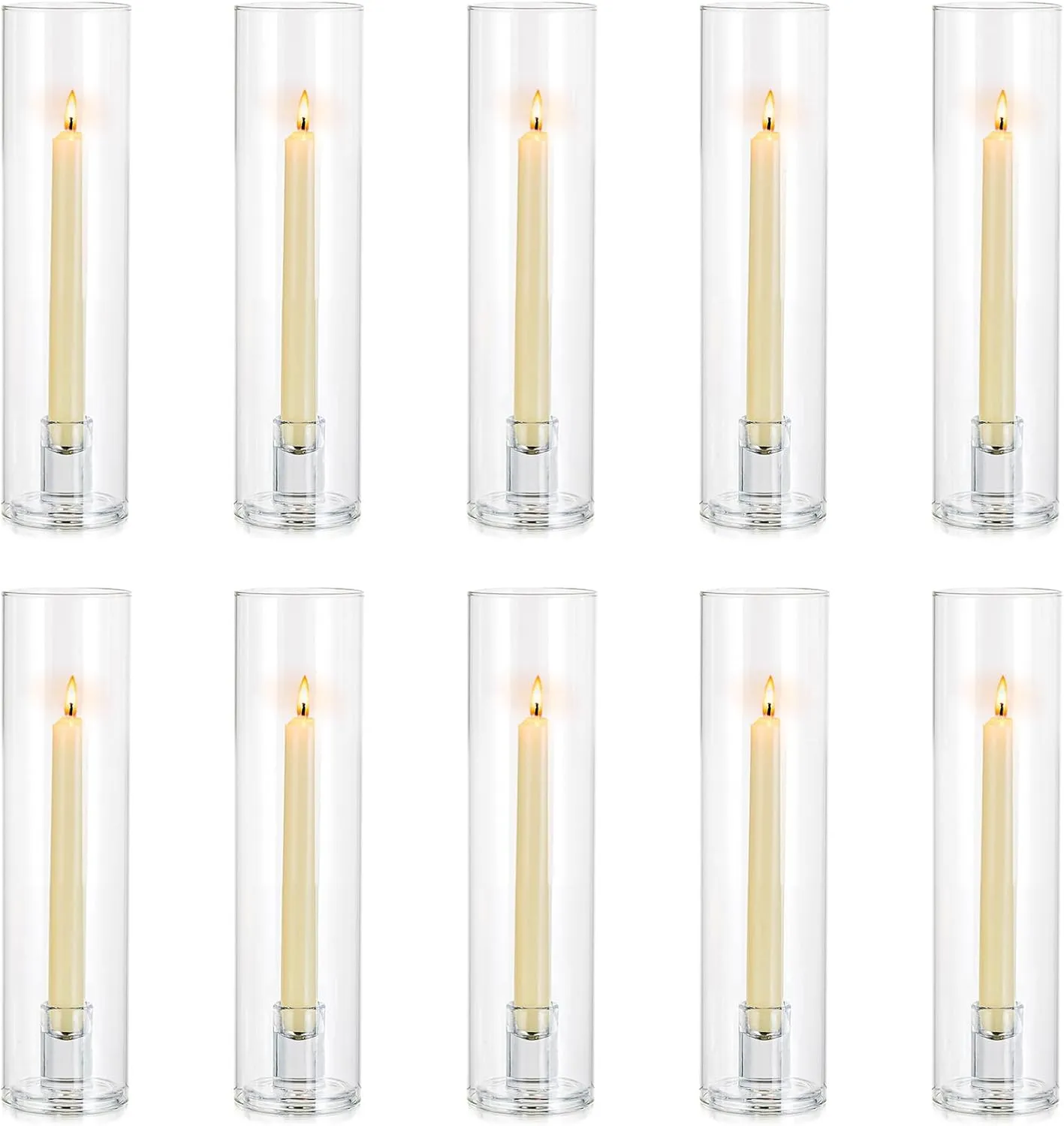 NUPTIO Taper Candle Holders Glass: Hurricane Candle Holder Bulk for Tapered Candles 10 Pcs Large Crystal Candlestick Holder Stand with Cylinder Sleeves for Home Wedding Chrstmas Birthday Party Decor