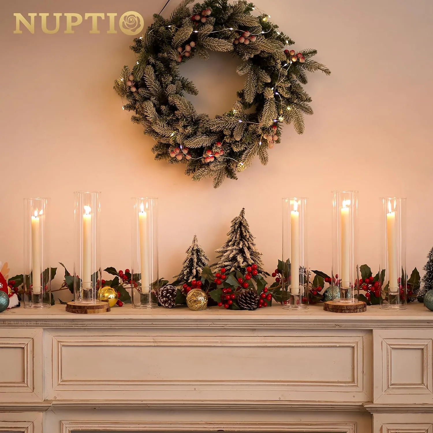 NUPTIO Taper Candle Holders Glass: Hurricane Candle Holder Bulk for Tapered Candles 10 Pcs Large Crystal Candlestick Holder Stand with Cylinder Sleeves for Home Wedding Chrstmas Birthday Party Decor