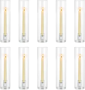 NUPTIO Taper Candle Holders Glass: Hurricane Candle Holder Bulk for Tapered Candles 10 Pcs Large Crystal Candlestick Holder Stand with Cylinder Sleeves for Home Wedding Chrstmas Birthday Party Decor