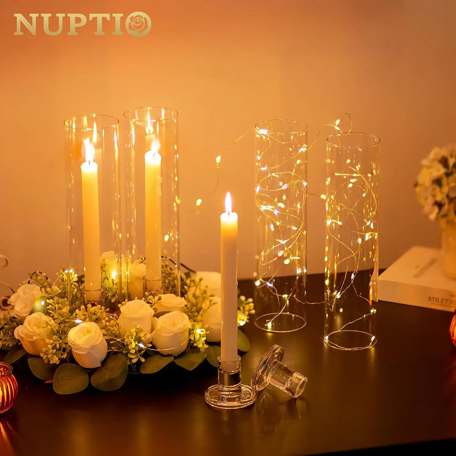 NUPTIO Taper Candle Holders Glass: Hurricane Candle Holder Bulk for Tapered Candles 10 Pcs Large Crystal Candlestick Holder Stand with Cylinder Sleeves for Home Wedding Chrstmas Birthday Party Decor