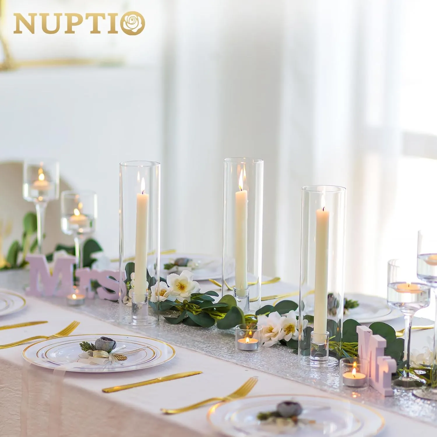 NUPTIO Taper Candle Holders Glass: Hurricane Candle Holder Bulk for Tapered Candles 10 Pcs Large Crystal Candlestick Holder Stand with Cylinder Sleeves for Home Wedding Chrstmas Birthday Party Decor