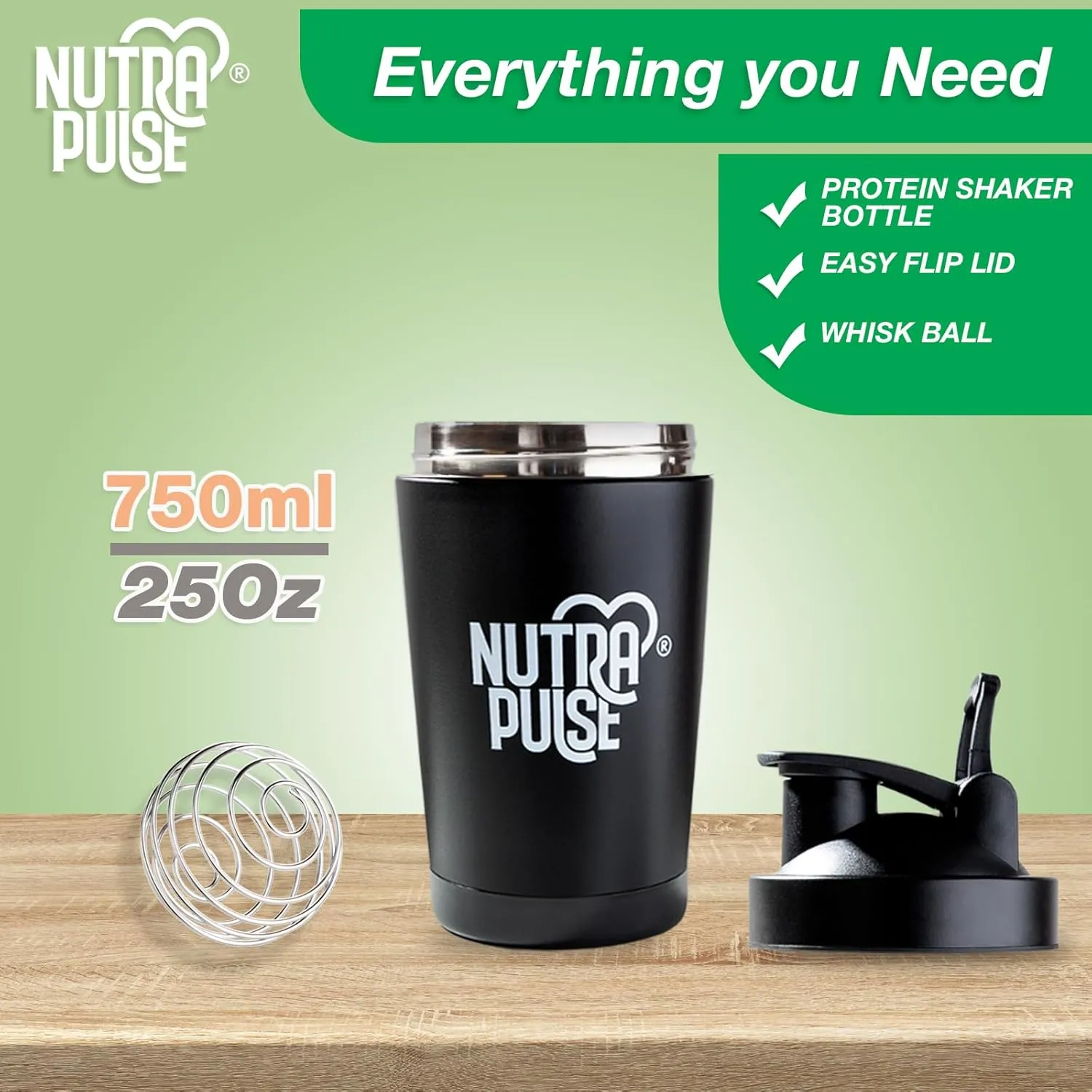 Nutra Pulse Gym Shaker Bottle – Durable 500ml Protein Shake Mixer with Mixing Ball & Secure Leakproof Lid | BPA-Free, Dishwasher Safe, Odor-Resistant Shaker Cup for Fitness, Workout & Sports – Black
