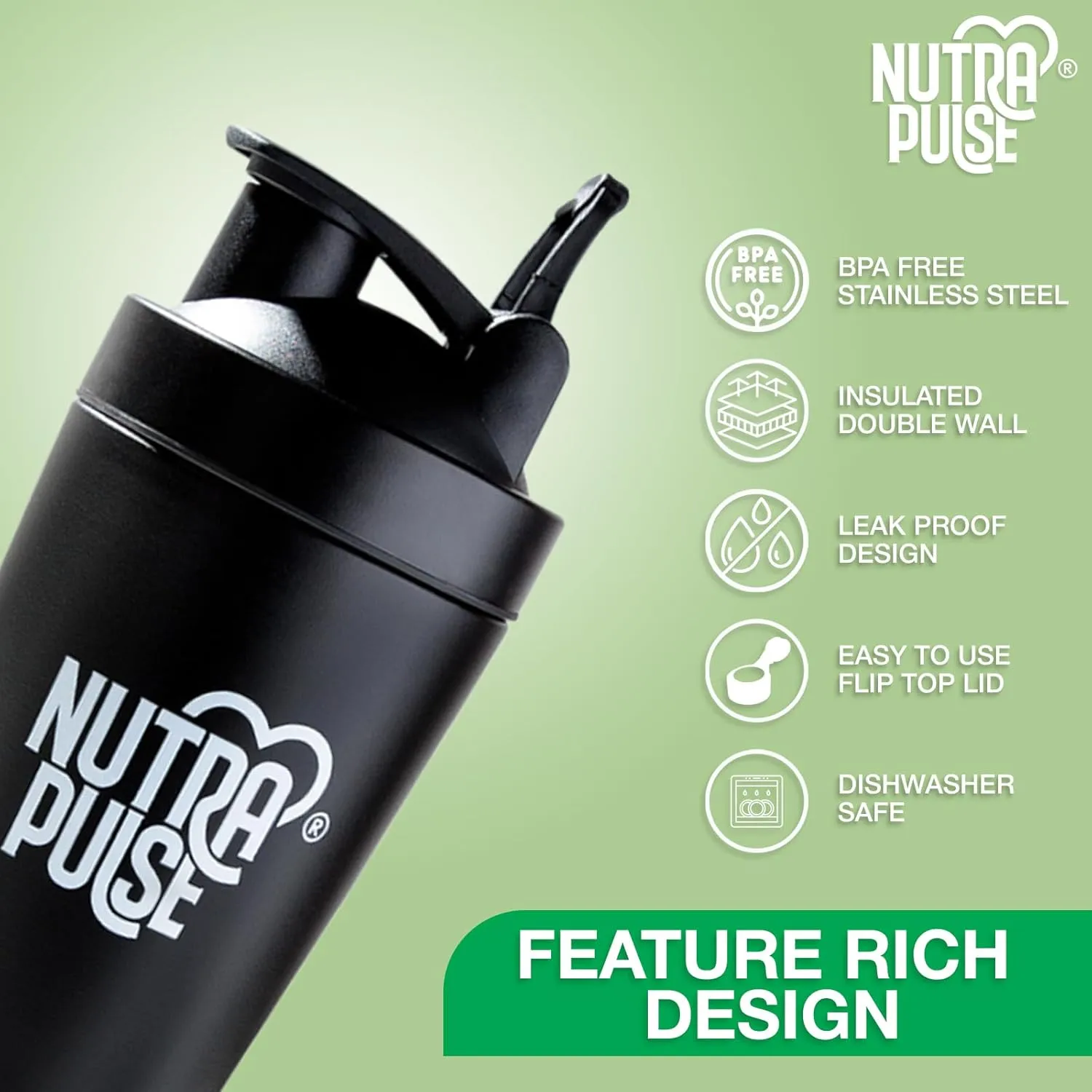 Nutra Pulse Gym Shaker Bottle – Durable 500ml Protein Shake Mixer with Mixing Ball & Secure Leakproof Lid | BPA-Free, Dishwasher Safe, Odor-Resistant Shaker Cup for Fitness, Workout & Sports – Black
