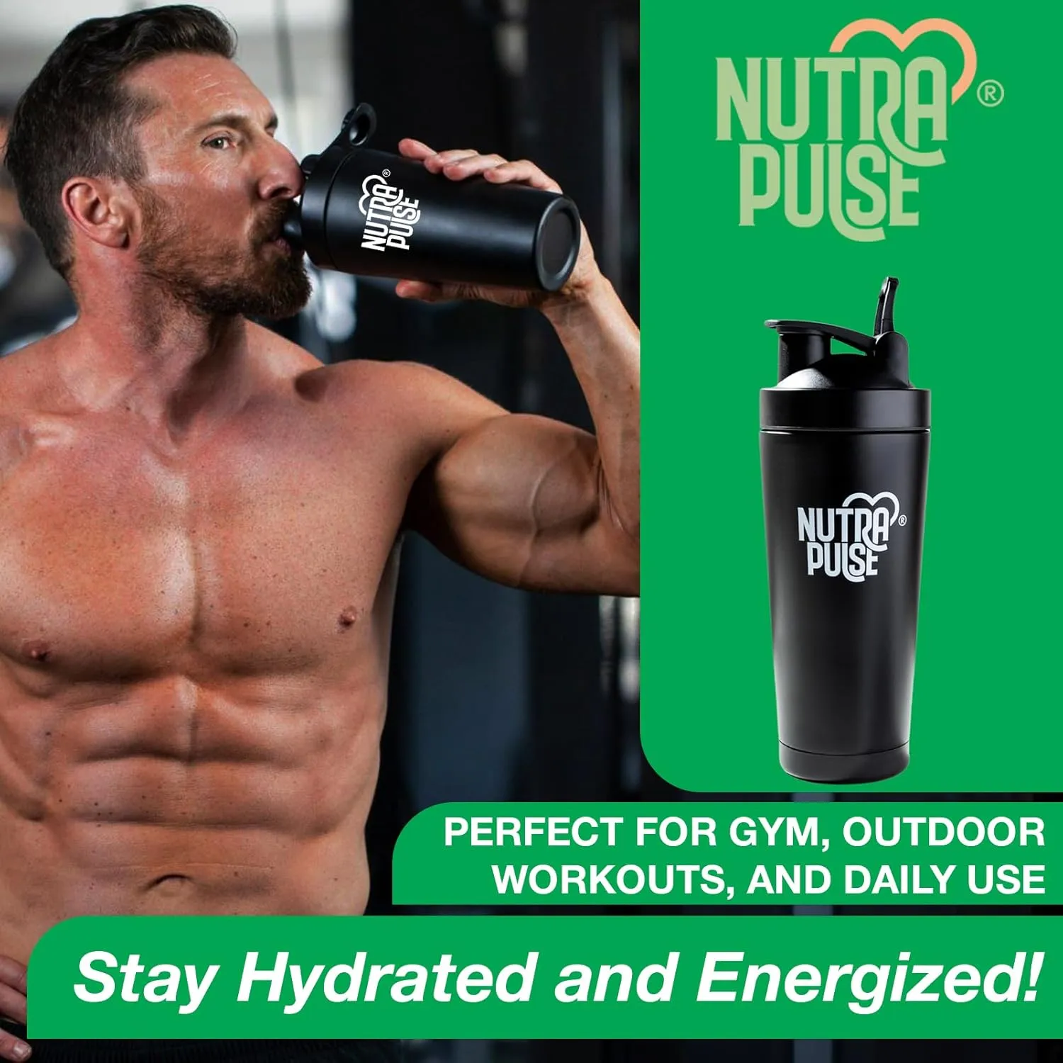 Nutra Pulse Gym Shaker Bottle – Durable 500ml Protein Shake Mixer with Mixing Ball & Secure Leakproof Lid | BPA-Free, Dishwasher Safe, Odor-Resistant Shaker Cup for Fitness, Workout & Sports – Black