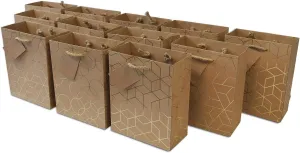 OccasionALL Small Gift Bags with Handles, Brown Gold Paper Tote with Handles, Holidays, Christmas, Weddings, Birthdays, Shopping, Bulk, 6x3x7.5 12 Pack