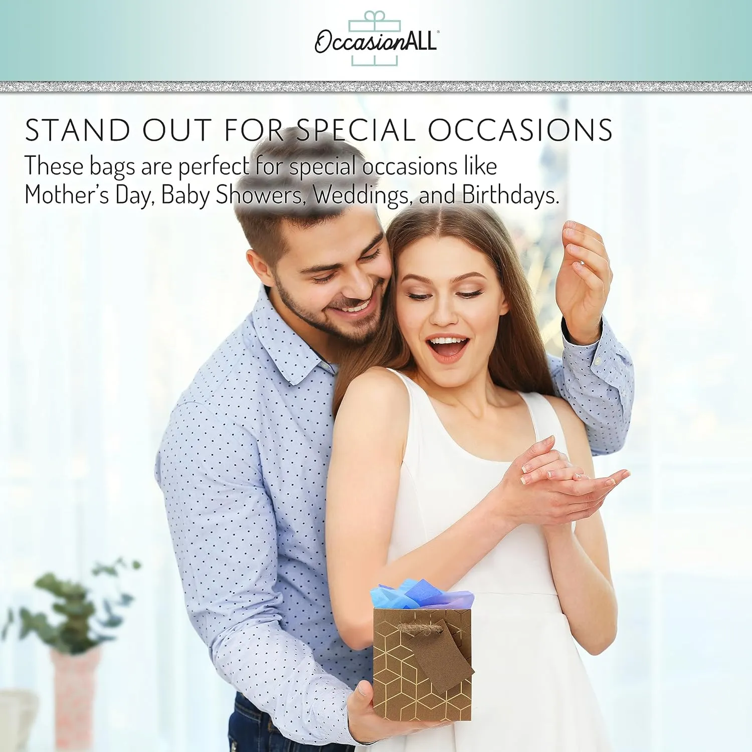 OccasionALL Small Gift Bags with Handles, Brown Gold Paper Tote with Handles, Holidays, Christmas, Weddings, Birthdays, Shopping, Bulk, 6x3x7.5 12 Pack