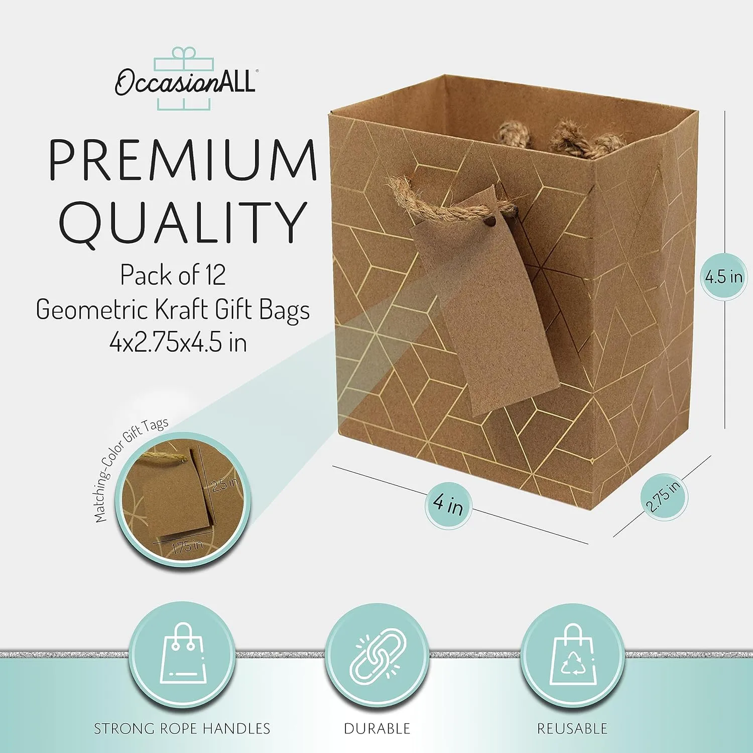 OccasionALL Small Gift Bags with Handles, Brown Gold Paper Tote with Handles, Holidays, Christmas, Weddings, Birthdays, Shopping, Bulk, 6x3x7.5 12 Pack