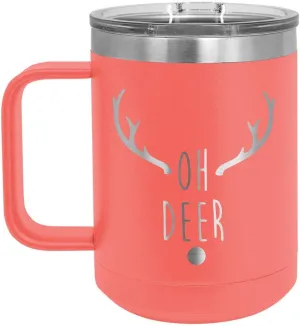 OH DEER Coral 15 oz Coffee Cup w/Slide Top Lid | Insulated Travel Coffee Mug | Birthday Or Christmas Gift Ideas From Women or Men | Compare To Yeti Rambler | ONLYGIFTS.COM