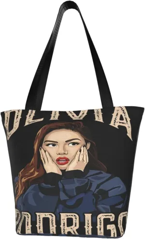 Olivia Songwriter Actress Rodrigo Reusable Grocery Bag for Kitchen Shopping Handbag Tote Bags with Zipper Unisex Lightweight Shoulder Bag Storage Bags for Hiking