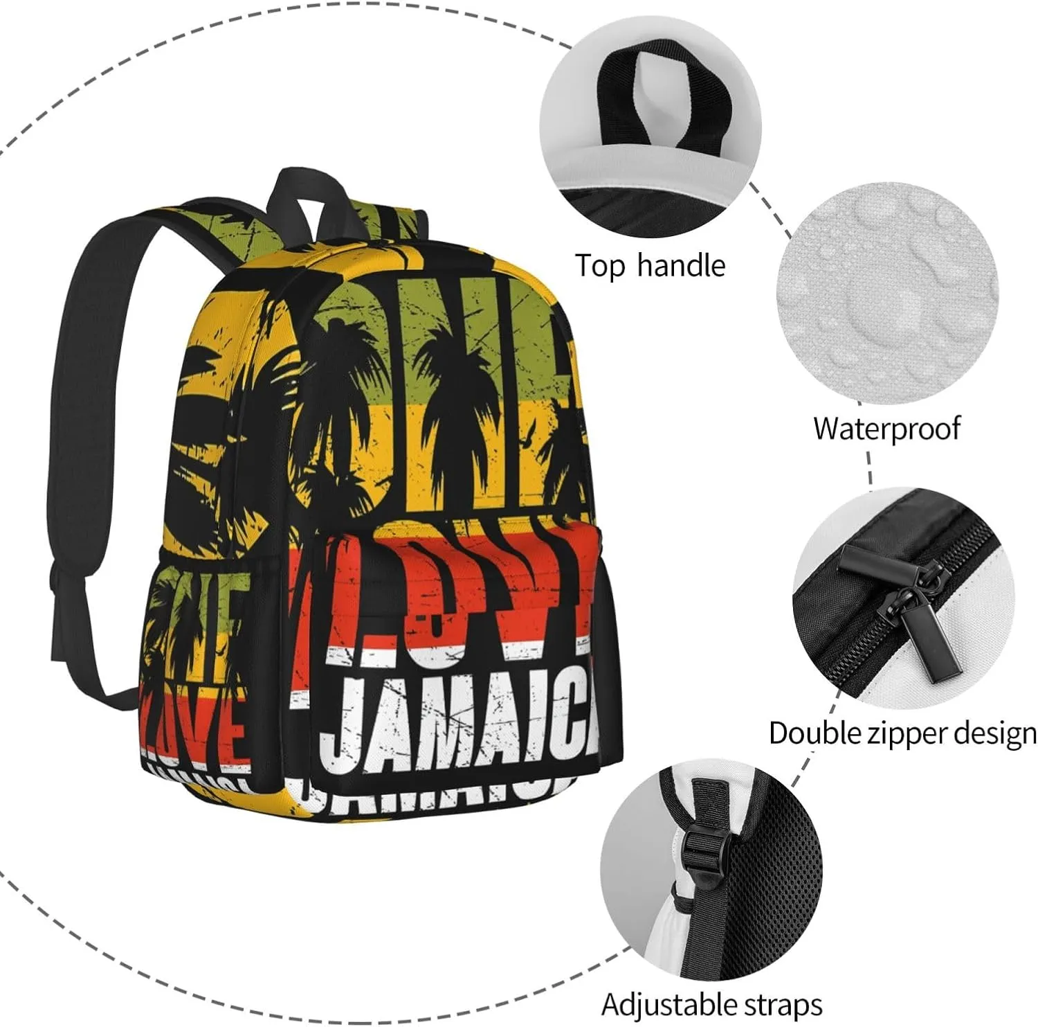 One Loves Jamaica Reggae Palms Backpack Double Shoulder Bag 15 Inch Laptop Bagpacks for Hiking Work Camping Travel