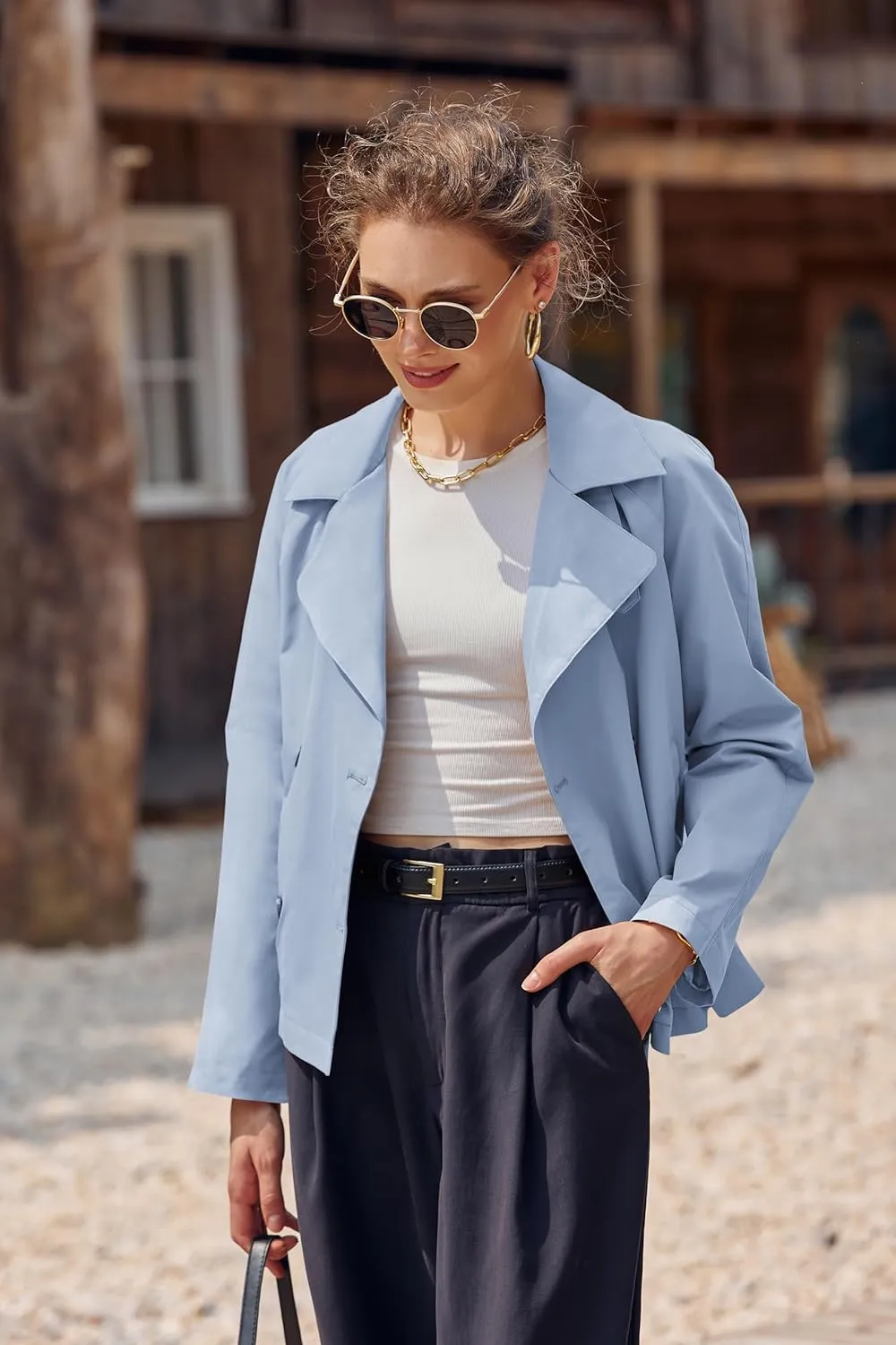 Onedreamer Women's Double Breasted Trench Coat Classic Lapel Long Sleeve Blazer Jackets Casual Outerwear With Belt