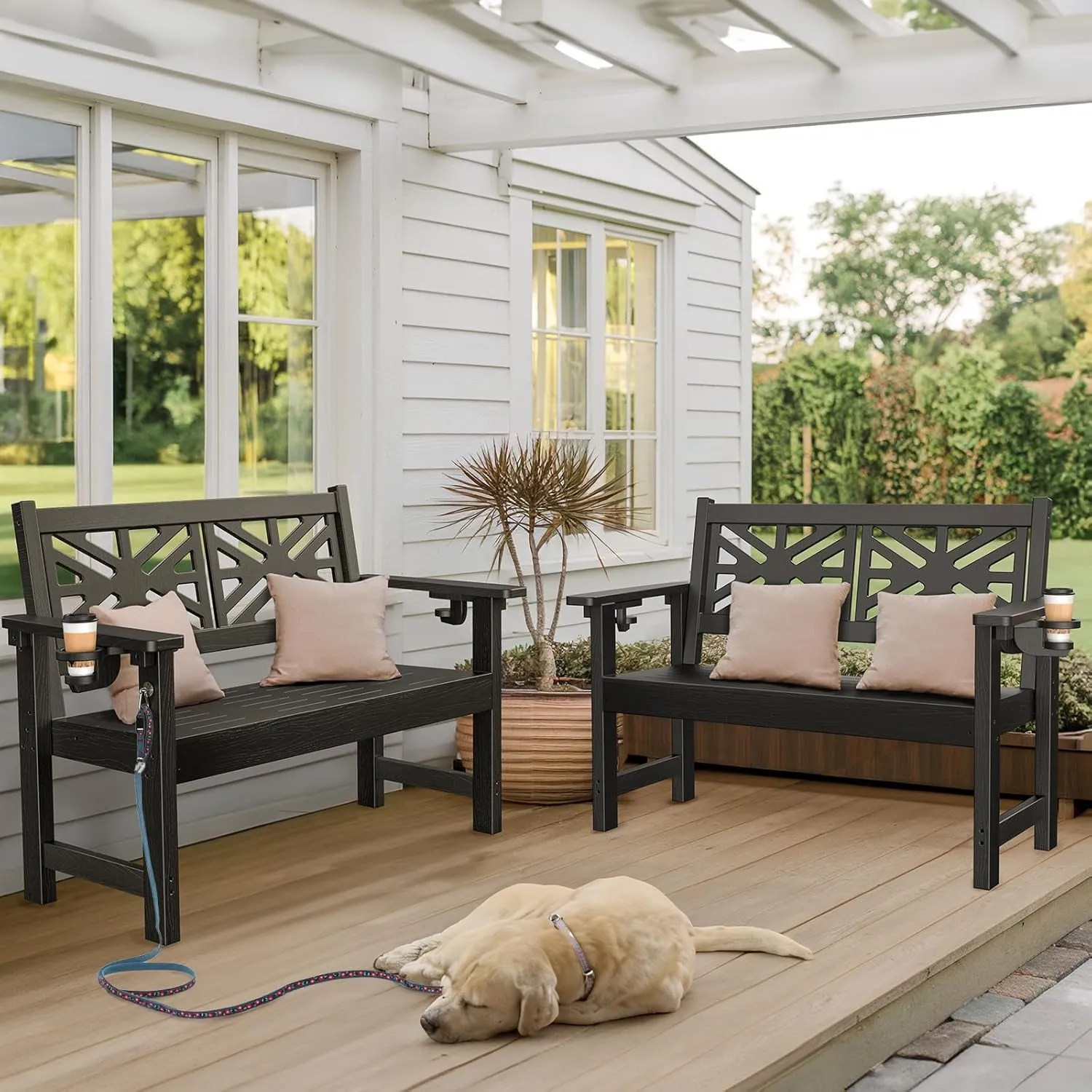 Outdoor Bench Set of 2, 2-Person Garden Benches for Outdoors,HDPE Outdoor Benches Weatherproof That Never Rot,Patio Bench Holds up to 600lbs, Comfort Benches, Suit for Garden,Backyard,Porch,Park