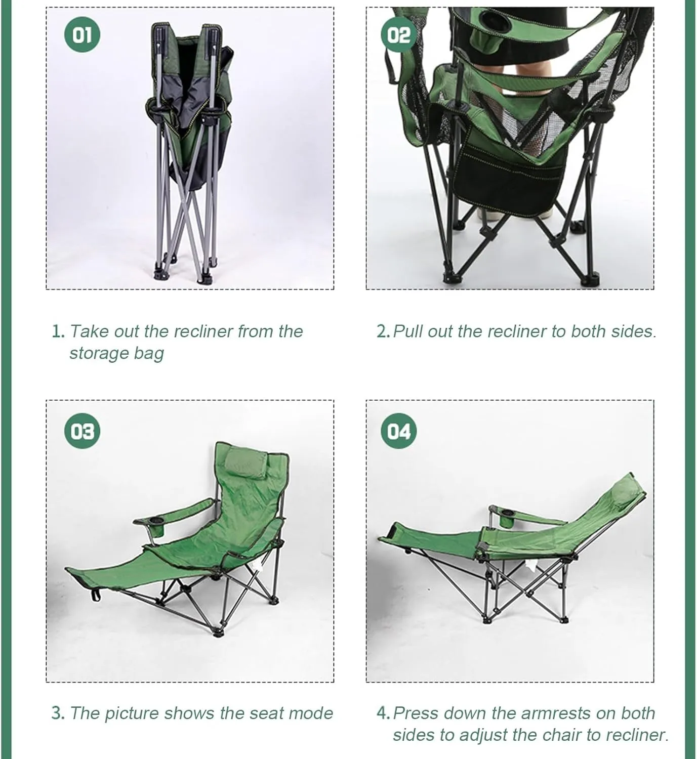 Outdoor Camping Chair Collapsible with Cup Holder Folding Fishing Beach Chair Heavy Duty Steel Recline