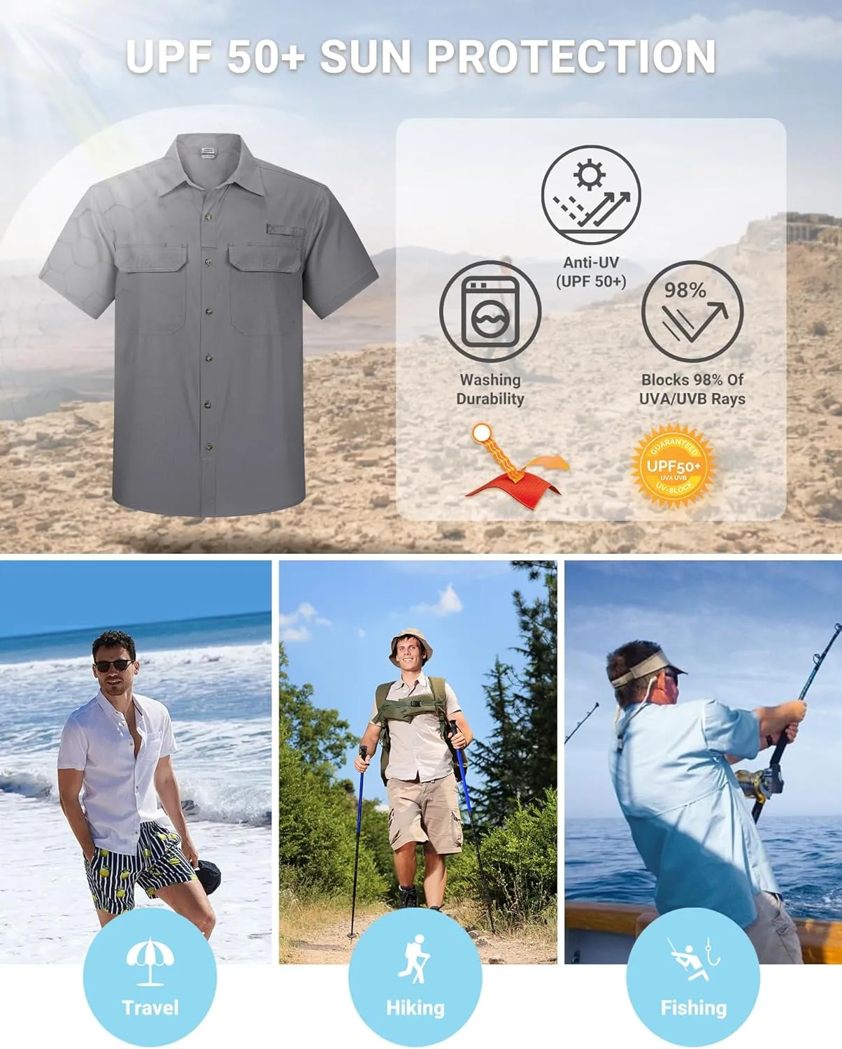 Outdoor Ventures Men's Lightweight Short Sleeve Fishing Shirt UPF 50 Button Down Quick Dry Cooling Hiking Travel Safari Shirt