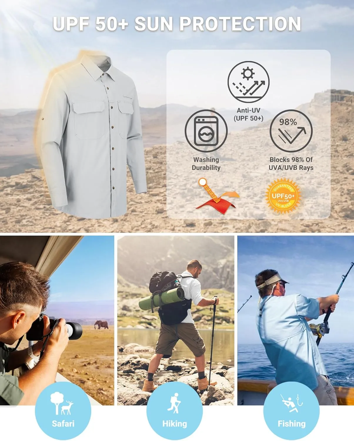 Outdoor Ventures Men's UPF 50  UV Sun Protection Shirt, Long Sleeve Hiking Fishing Shirt Cooling Quick Dry for Safari Travel