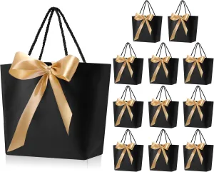 Outus 12 Pcs Bridal Paper Gift Bags Thank You Favor Bags with Handle Ribbon Bow Tags Wedding Shower Bag for Guest Bridesmaid Anniversary Party Holiday Birthday Gift Wrapping(Black)