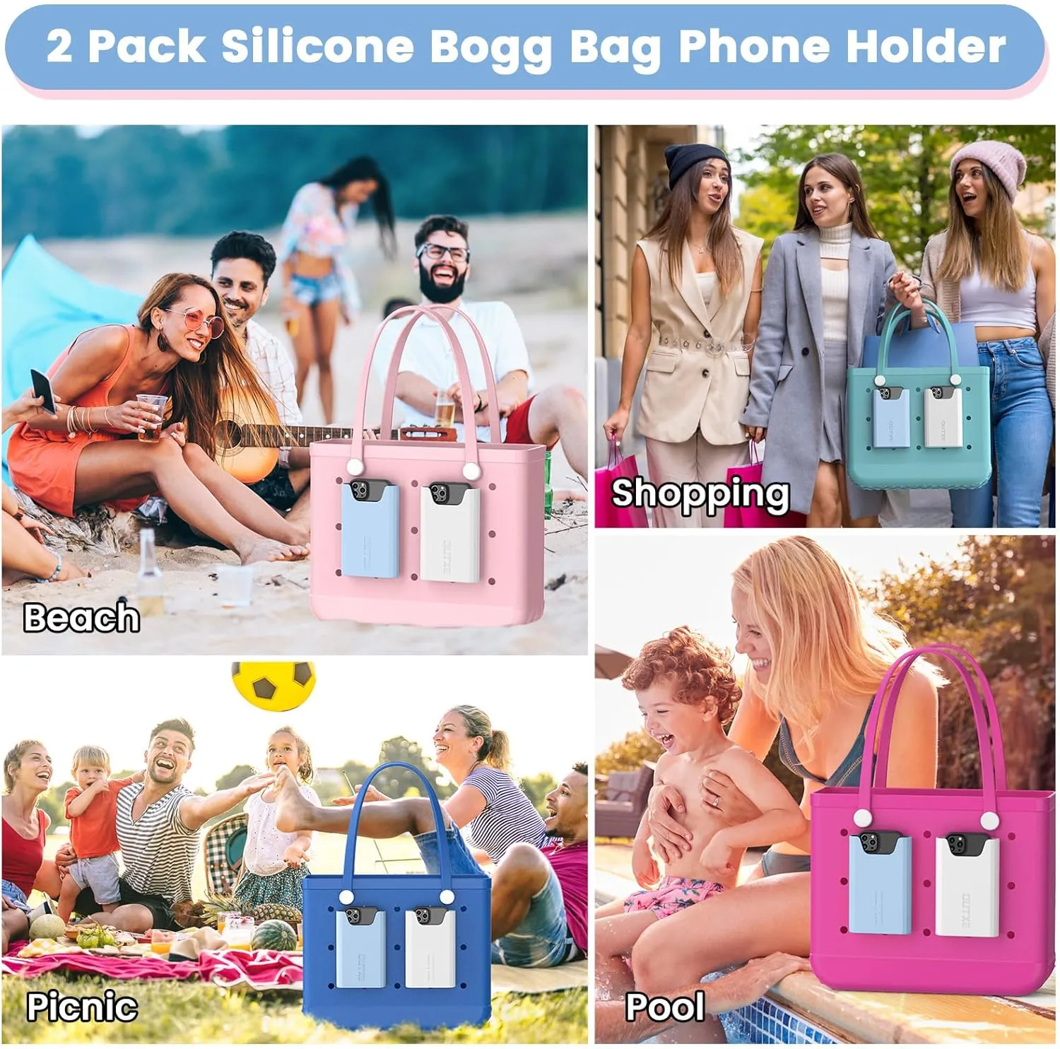 OUTXE 2 Pack Bogg Bag Phone Holder Compatible with All Bogg Bags, Silicone Cell Phone Holder Accessories for Bogg Bag, White and Blue Phone Case Holder Insert for Simple Modern