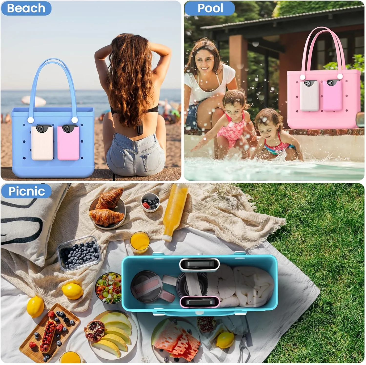 OUTXE Phone Holder Insert for Bogg Bag, Cell Phone Holder Button Accessory with Locking Buckle Compatible with L/XL/Original/Baby Bogg & Simple Modern Bag (White   Rose Pink)