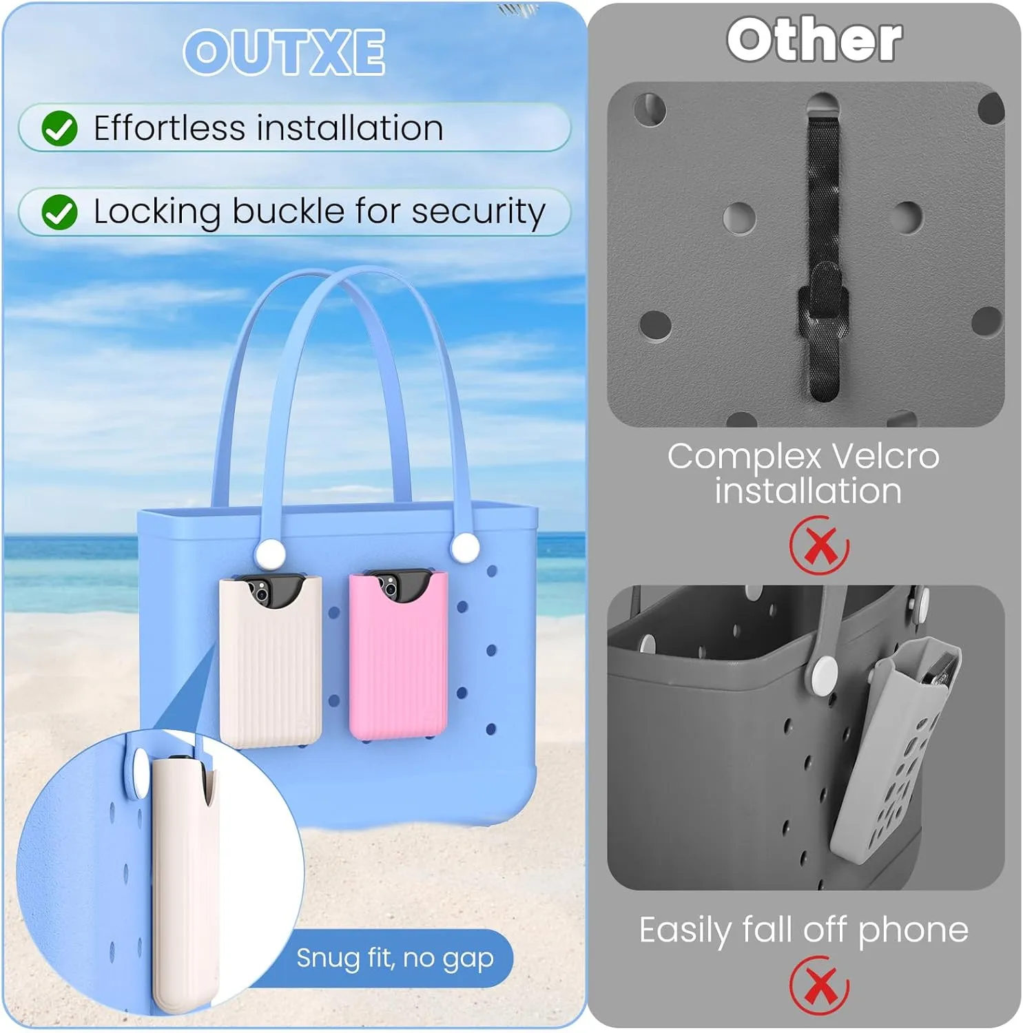 OUTXE Phone Holder Insert for Bogg Bag, Cell Phone Holder Button Accessory with Locking Buckle Compatible with L/XL/Original/Baby Bogg & Simple Modern Bag (White   Rose Pink)