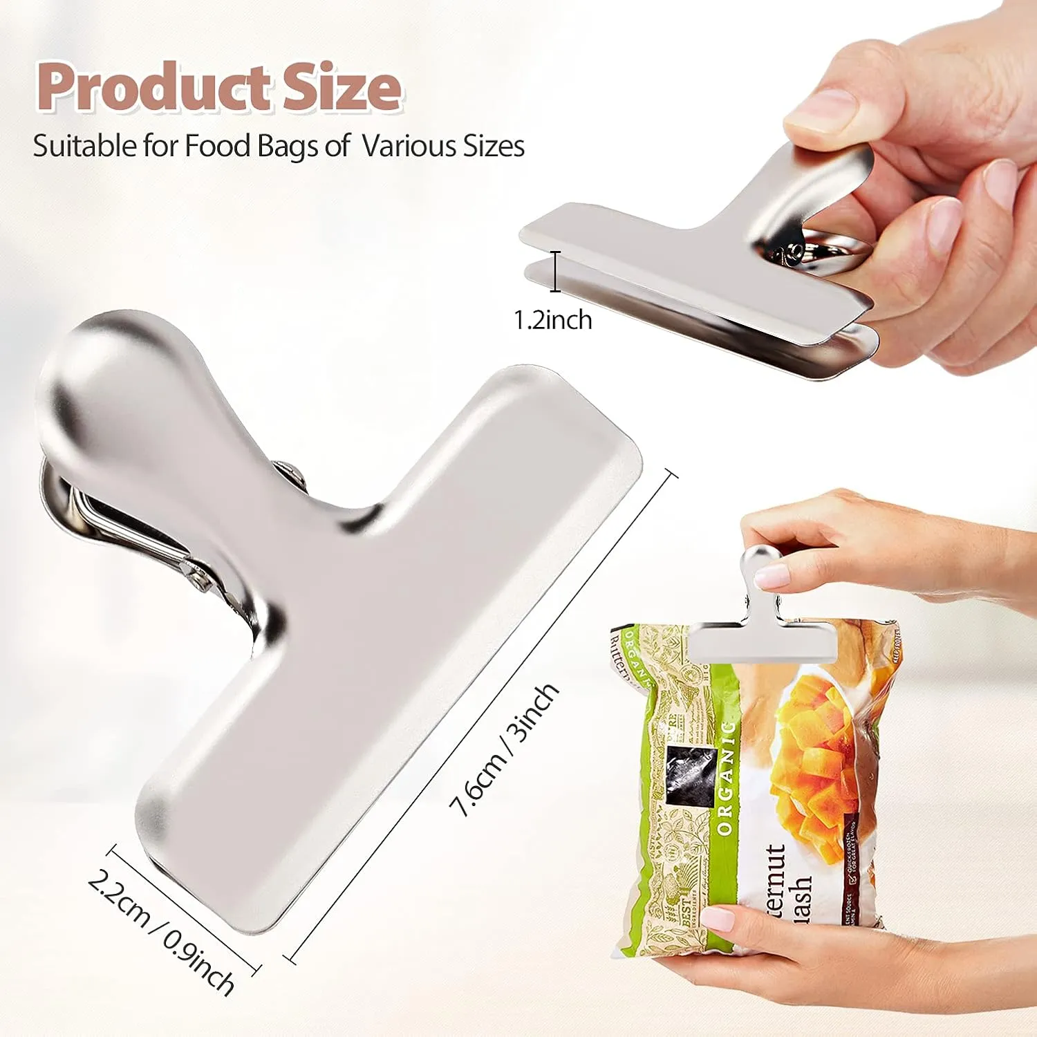 Pack of 8 Heavy Duty Metal Bag Clips, Stainless Steel - Tightly Seals Chip, Coffee, Bread or Cereal Bags to Keep Food Fresh, for Home, Kitchen, Office, Pantry, Camping (Matte Silver)