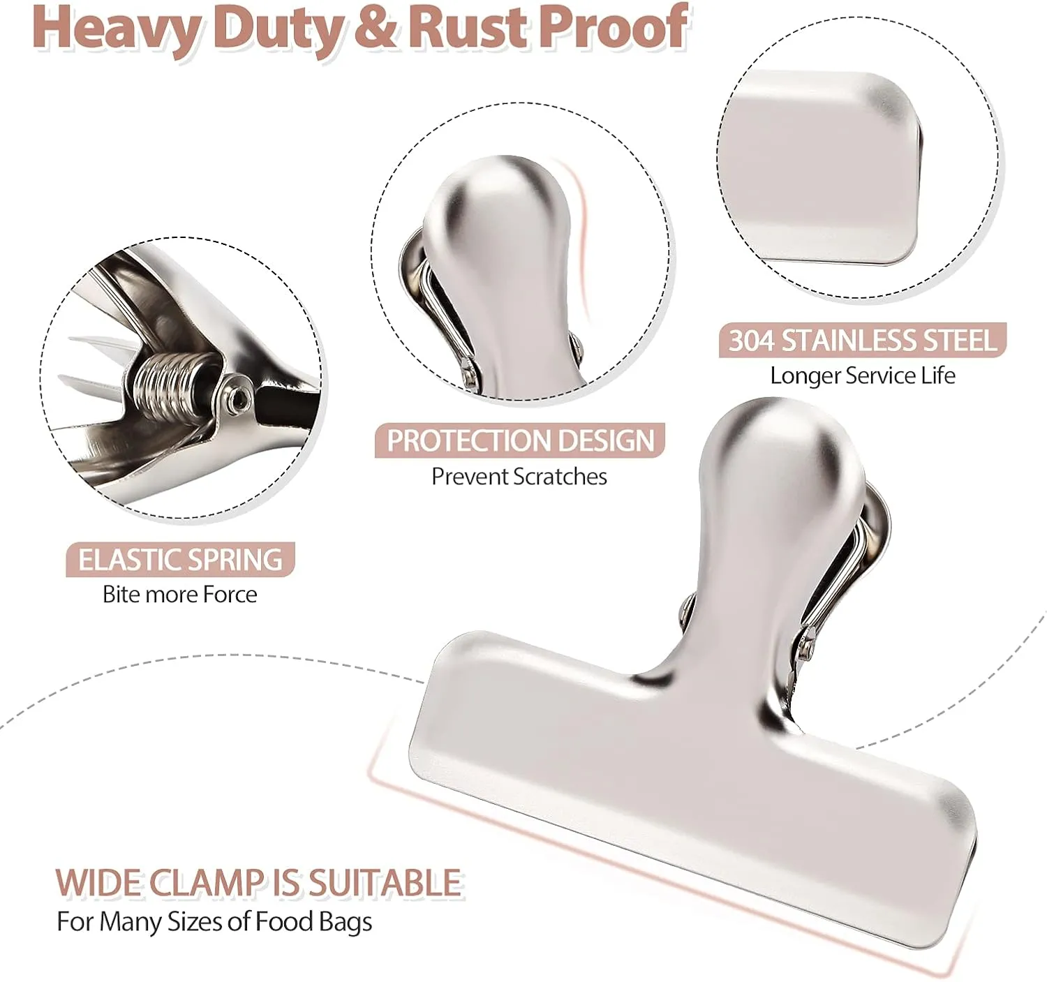 Pack of 8 Heavy Duty Metal Bag Clips, Stainless Steel - Tightly Seals Chip, Coffee, Bread or Cereal Bags to Keep Food Fresh, for Home, Kitchen, Office, Pantry, Camping (Matte Silver)