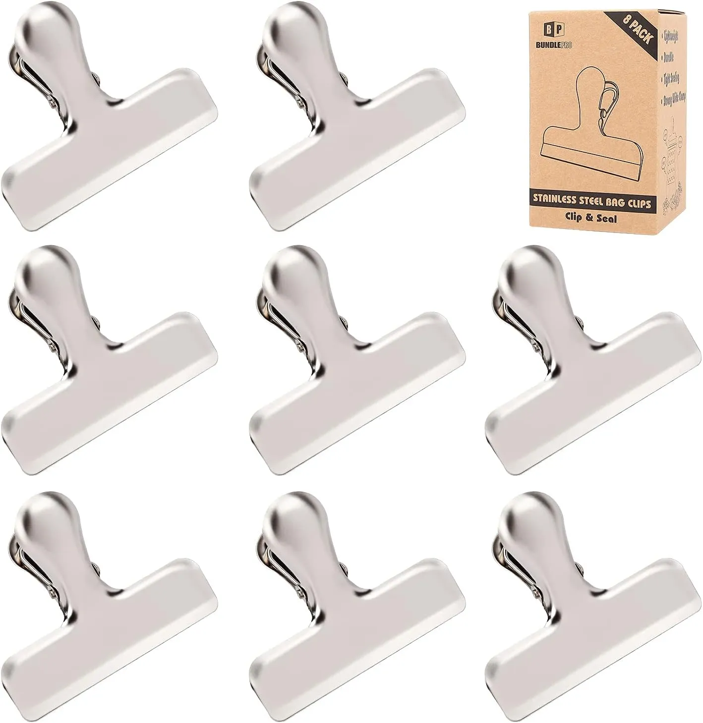 Pack of 8 Heavy Duty Metal Bag Clips, Stainless Steel - Tightly Seals Chip, Coffee, Bread or Cereal Bags to Keep Food Fresh, for Home, Kitchen, Office, Pantry, Camping (Matte Silver)