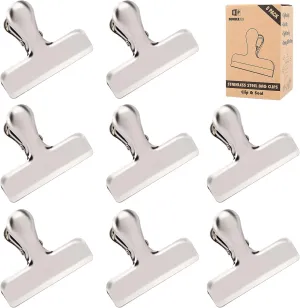 Pack of 8 Heavy Duty Metal Bag Clips, Stainless Steel - Tightly Seals Chip, Coffee, Bread or Cereal Bags to Keep Food Fresh, for Home, Kitchen, Office, Pantry, Camping (Matte Silver)