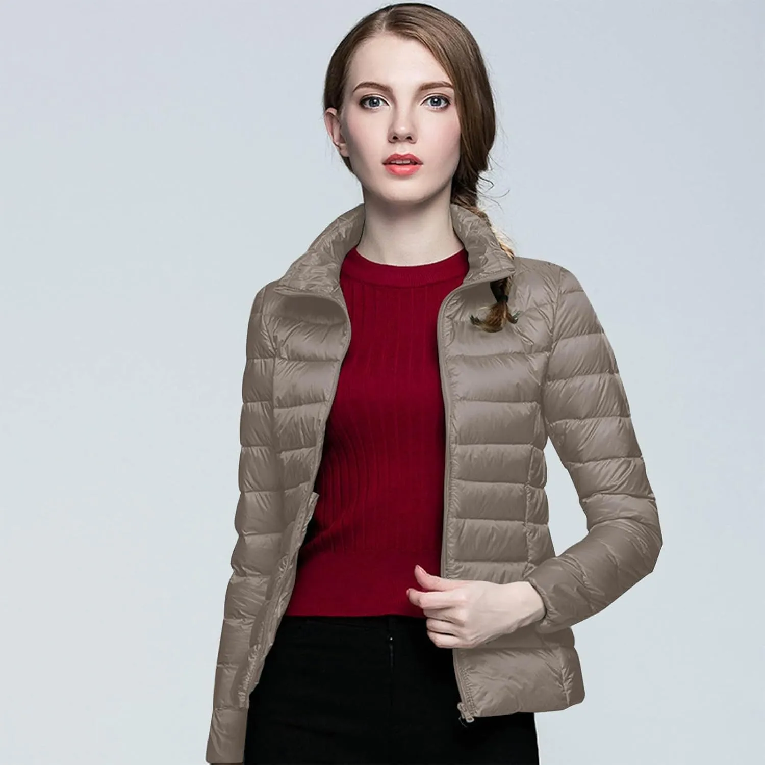 Packable Down Jacket for Women Lightweight Winter Duck Down Jackets Slim Fit Bubble Coat Zipper Warm Puffer Jacket with Hood