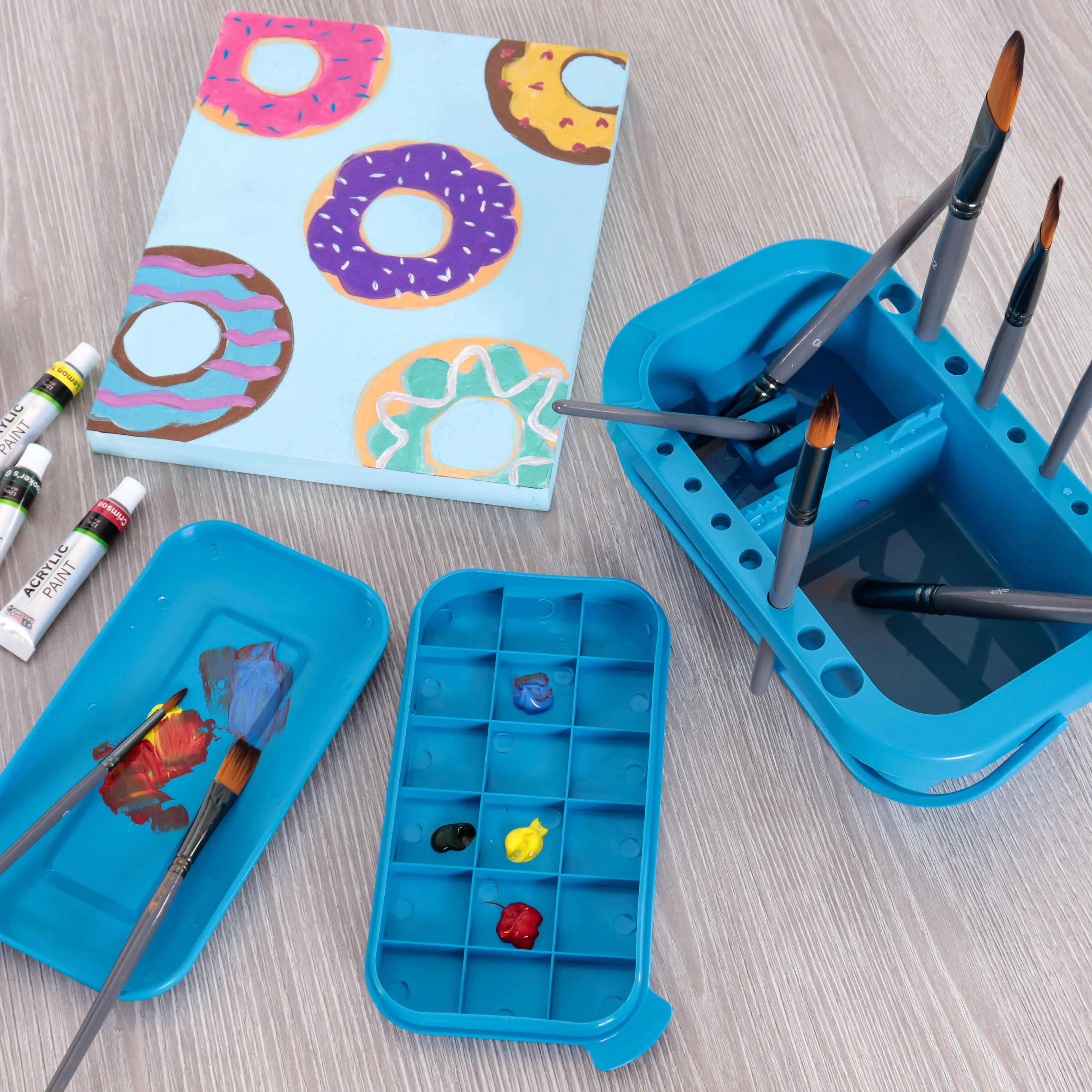 Paint Brush Cleaner Washer, 16 Hole Paintbrush Holder, 18 Palette Wells Paint Tray, 3 Cleaning Basins, Acrylic, Watercolor, Oil, Painting Accessories