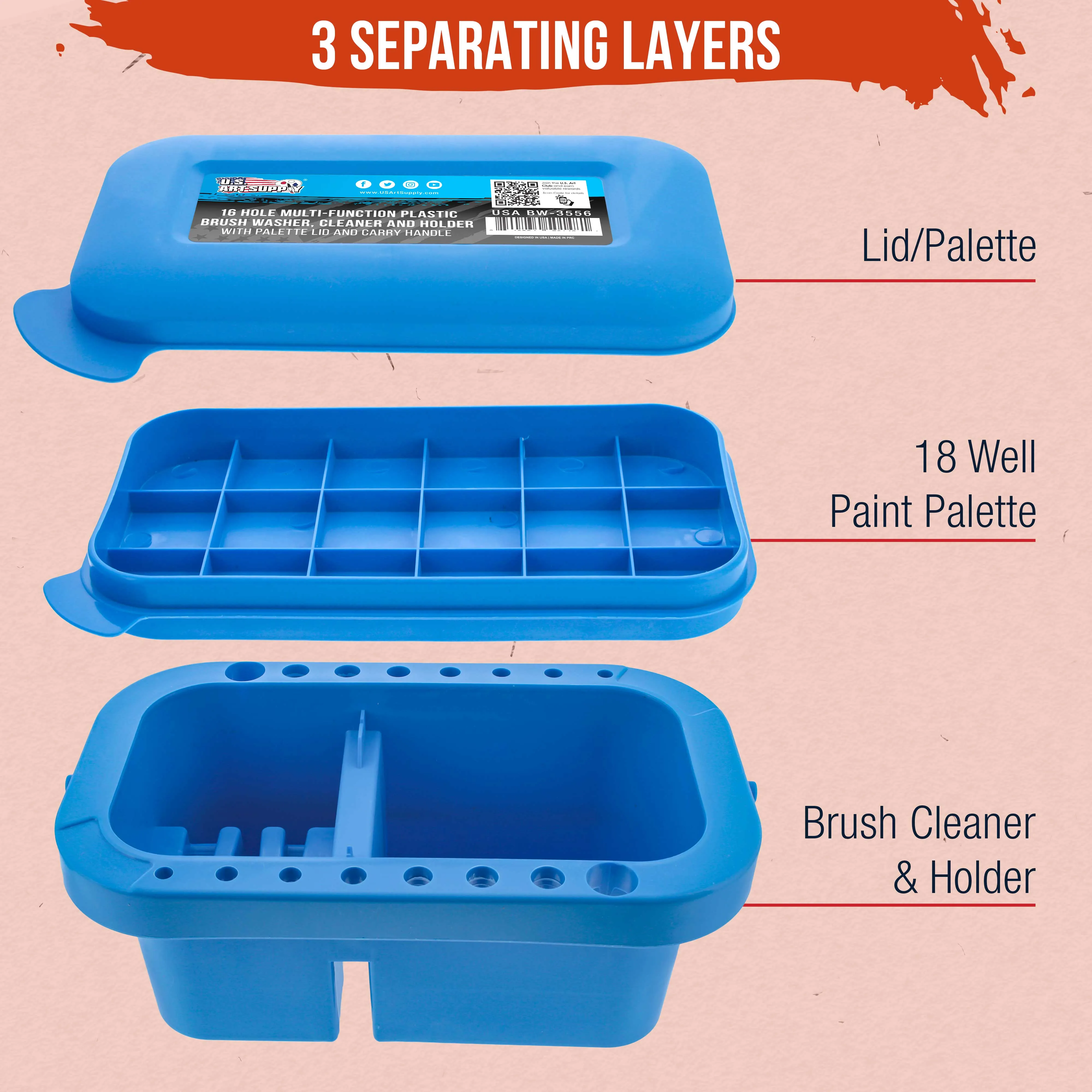 Paint Brush Cleaner Washer, 16 Hole Paintbrush Holder, 18 Palette Wells Paint Tray, 3 Cleaning Basins, Acrylic, Watercolor, Oil, Painting Accessories