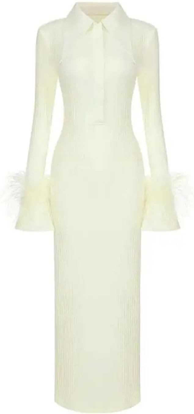 Patchwork Feather Long Sleeve Knit Dress for Women Solid Elastic Waist Slim Party Dresses