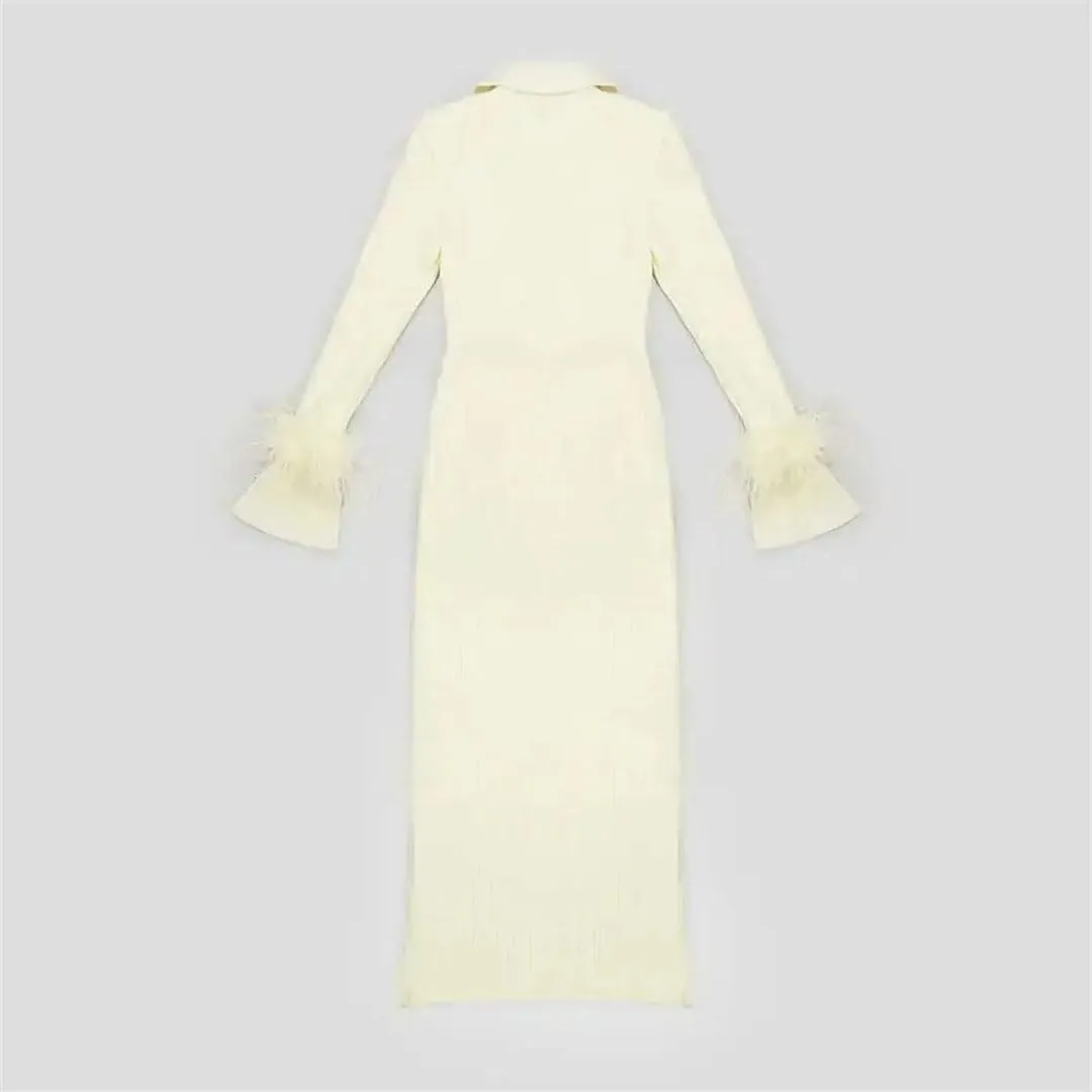 Patchwork Feather Long Sleeve Knit Dress for Women Solid Elastic Waist Slim Party Dresses