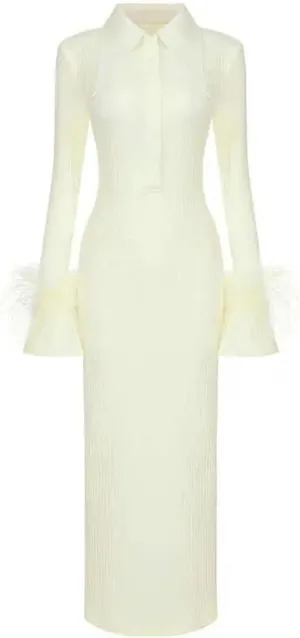 Patchwork Feather Long Sleeve Knit Dress for Women Solid Elastic Waist Slim Party Dresses