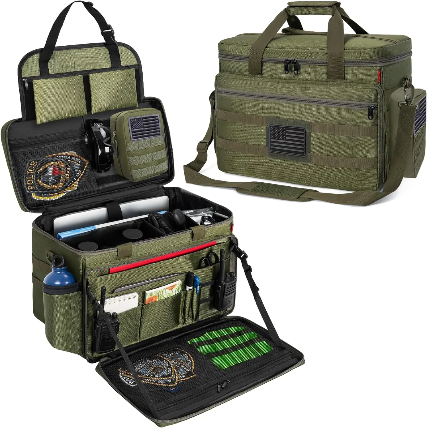 Patrol Bag Law Enforcement, Police Gear Bag Car Front Seat Organizer for Police with Laptop Layer and Cup Holders, MOLLE System, Fits Vehicle Passenger Seat, Army Green