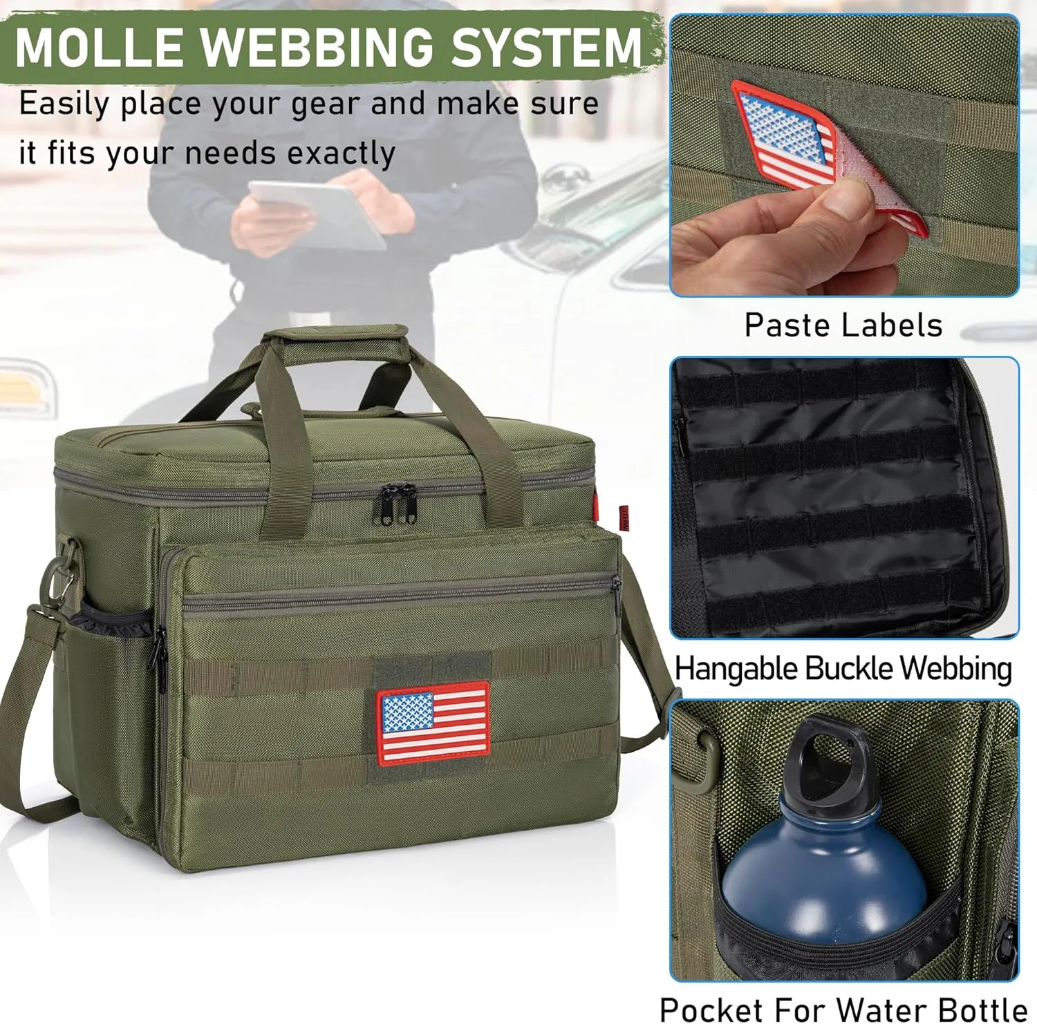 Patrol Bag Law Enforcement, Police Gear Bag Car Front Seat Organizer for Police with Laptop Layer and Cup Holders, MOLLE System, Fits Vehicle Passenger Seat, Army Green
