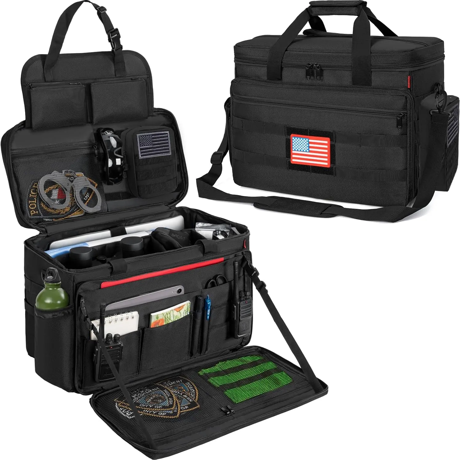 Patrol Bag Law Enforcement, Police Gear Bag Car Front Seat Organizer for Police with Laptop Layer and Cup Holders, MOLLE System, Fits Vehicle Passenger Seat Black