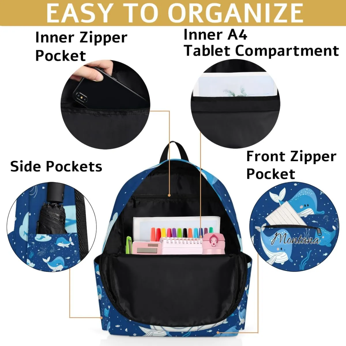 Personalized Whale Backpack for Boys Cute Whale Printed Pink Bookbag Lightweight Kids Schoolbag for Preschool Elementary Book Bag Daypack