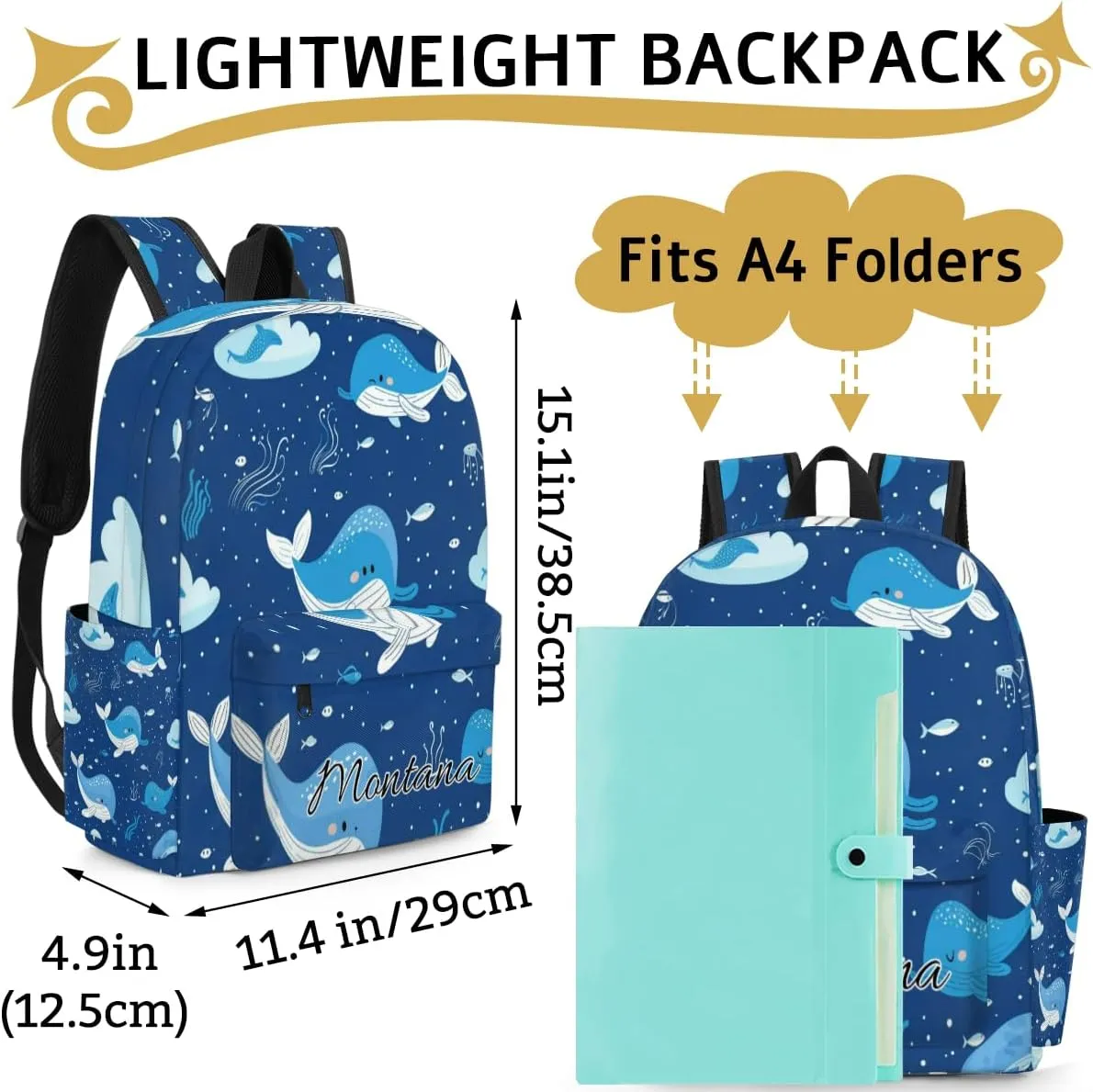 Personalized Whale Backpack for Boys Cute Whale Printed Pink Bookbag Lightweight Kids Schoolbag for Preschool Elementary Book Bag Daypack