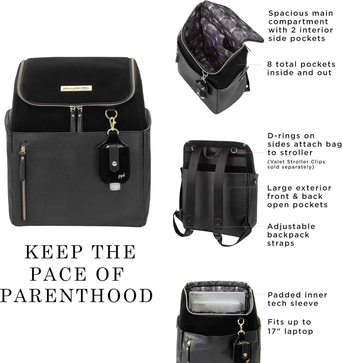 Petunia Pickle Bottom Tempo Backpack, Designed for Busy Families, Attaches to Stroller or Suitcase, Spacious Main Compartment, Twilight Black