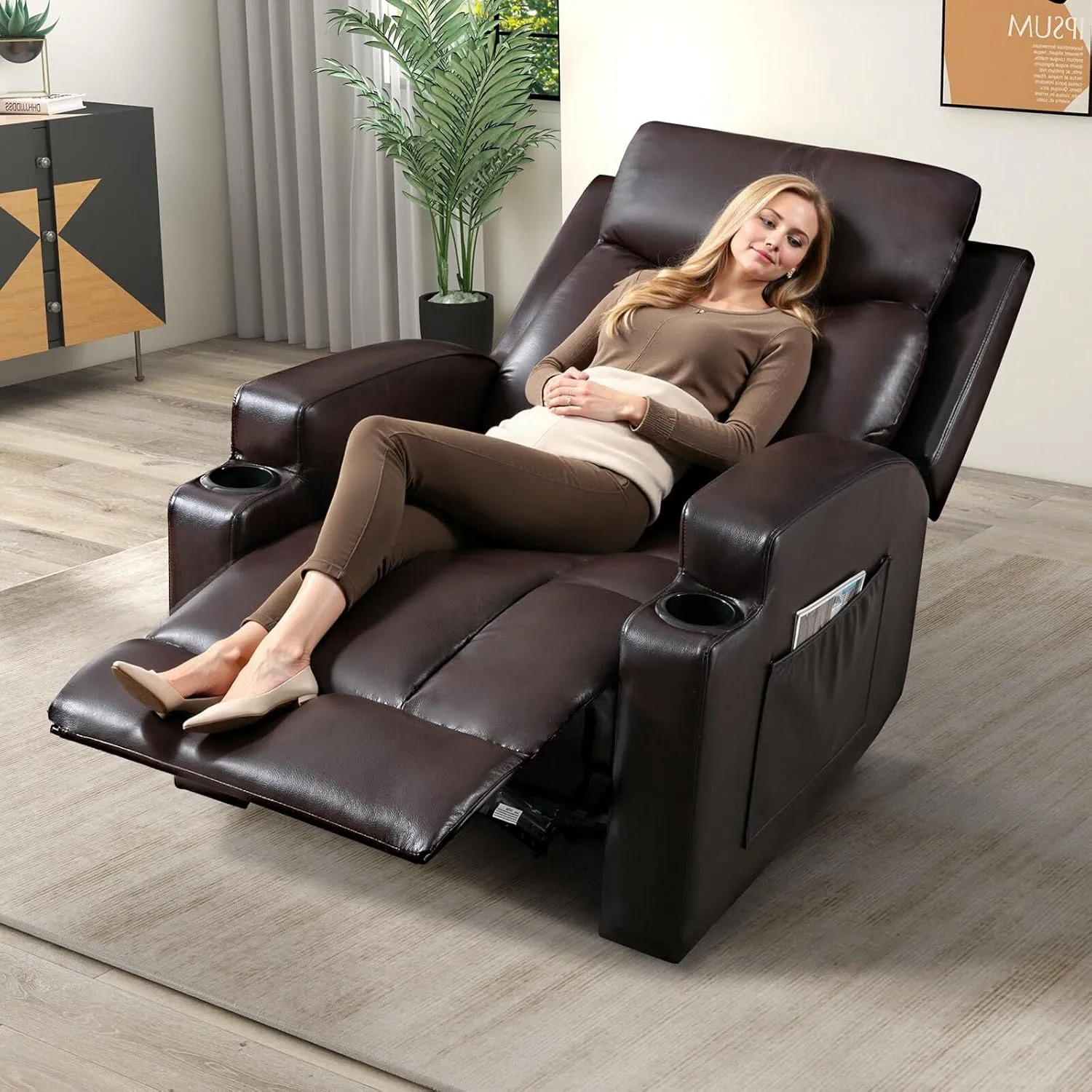 Phoenix Home Manual Recliner Chair with Massage and Heat Ergonomic Overstuffed Breathable Fabric Reclining Chair with 2 Side Pockets, 2 Cup Holders, Remote Control, Living Room, Bedroom, Brown