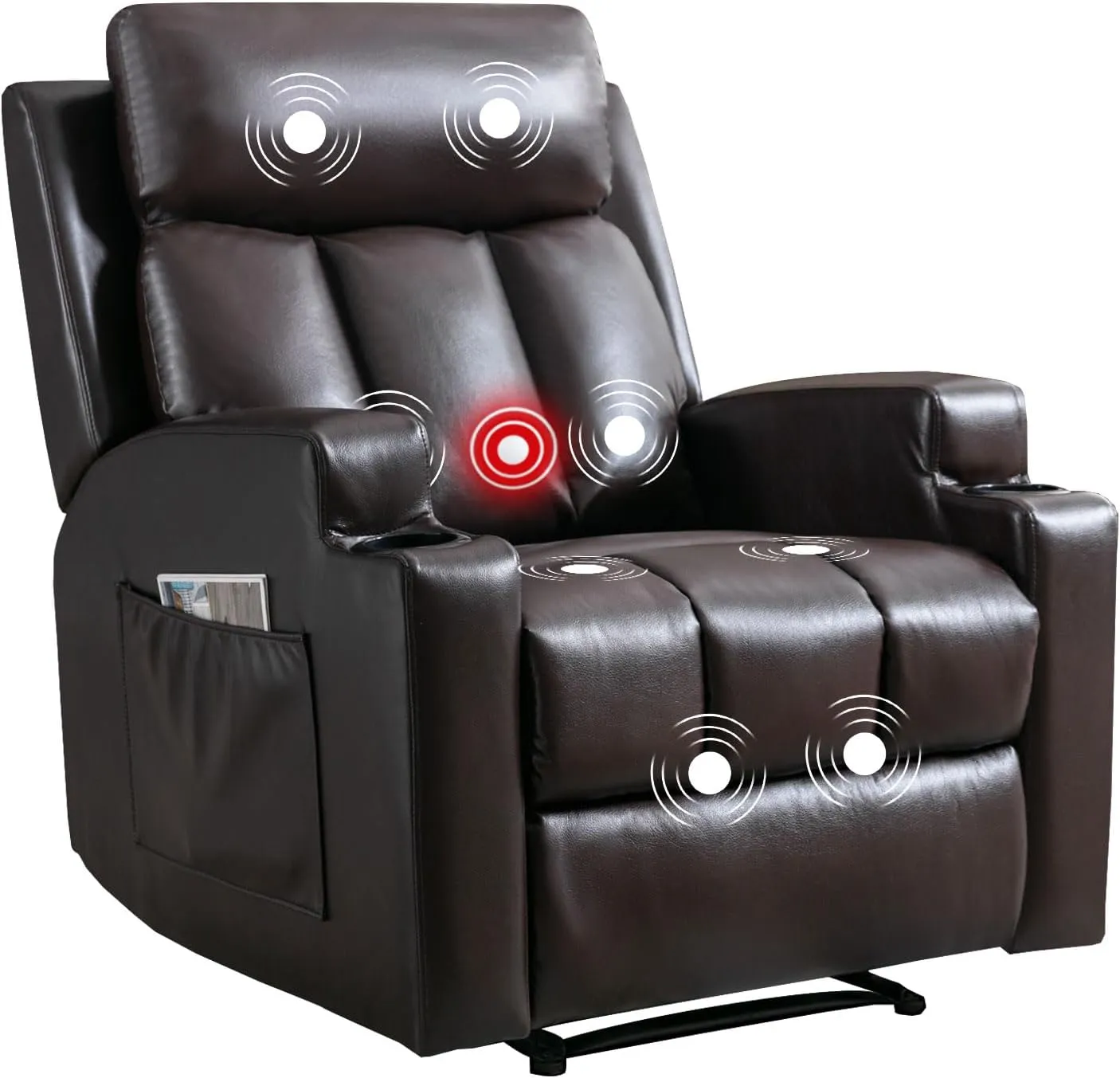 Phoenix Home Manual Recliner Chair with Massage and Heat Ergonomic Overstuffed Breathable Fabric Reclining Chair with 2 Side Pockets, 2 Cup Holders, Remote Control, Living Room, Bedroom, Brown