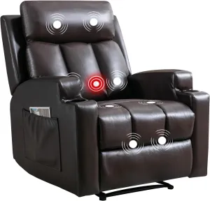 Phoenix Home Manual Recliner Chair with Massage and Heat Ergonomic Overstuffed Breathable Fabric Reclining Chair with 2 Side Pockets, 2 Cup Holders, Remote Control, Living Room, Bedroom, Brown